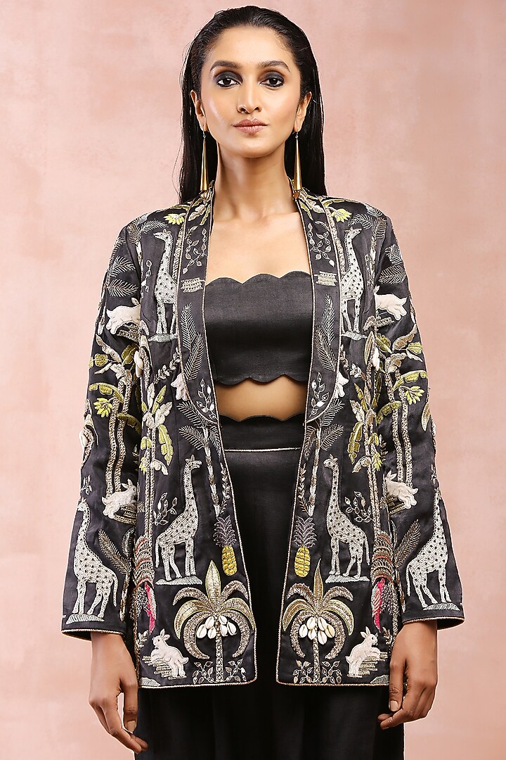Black Satin Embroidered Jacket Set by Payal Singhal at Pernia's Pop Up Shop