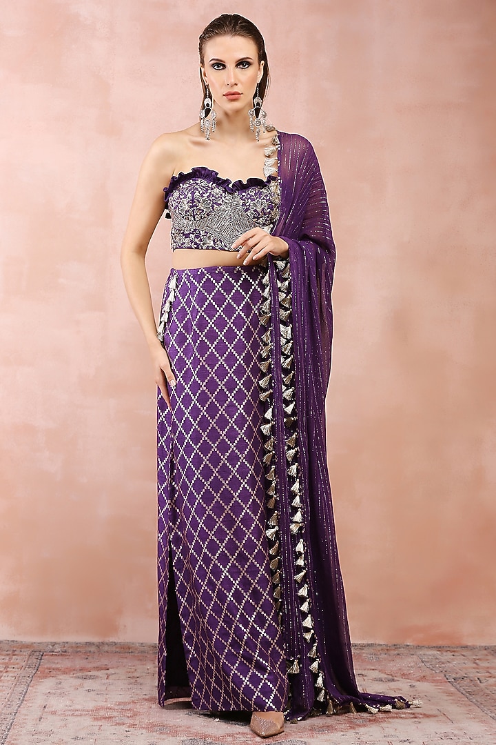 Purple Dola Silk Embroidered Skirt Set by Payal Singhal at Pernia's Pop Up Shop