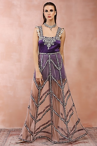 Rose Pink Net Paneled Skirt Set by Payal Singhal