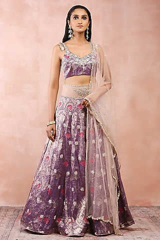 Purple Brocade Embroidered Lehenga Set by Payal Singhal