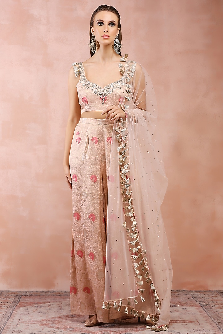 Rose Pink Brocade Embroidered Palazzo Pant Set by Payal Singhal at Pernia's Pop Up Shop