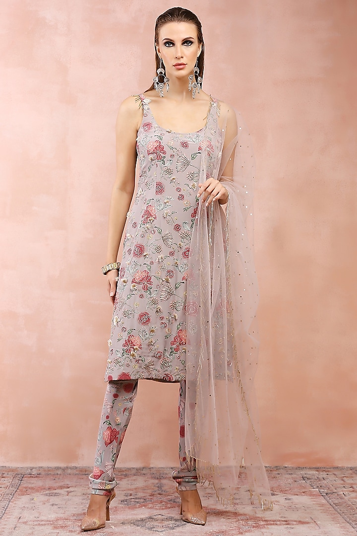 Grey Crepe Printed Kurta Set by Payal Singhal