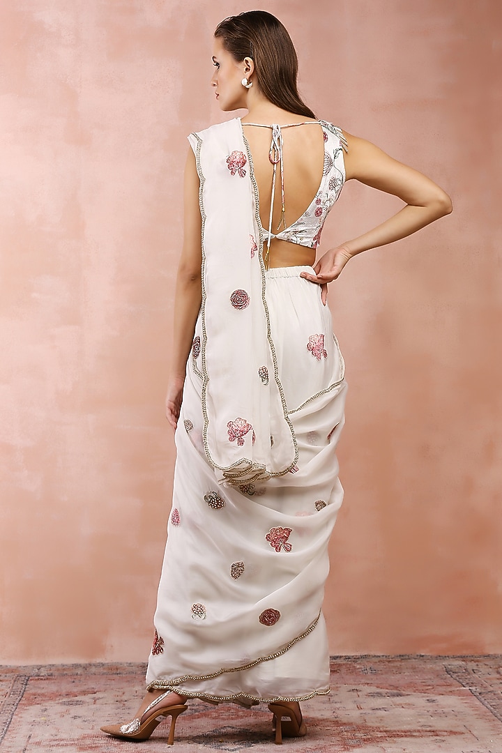 Off-White Organza Printed Pre-Stitched Reception Saree Set by Payal Singhal at Pernia's Pop Up Shop