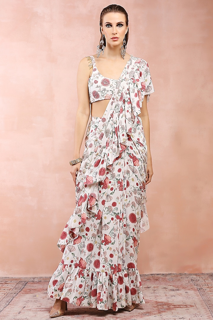 Off-White Crepe Printed Frilled Saree Set by Payal Singhal at Pernia's Pop Up Shop