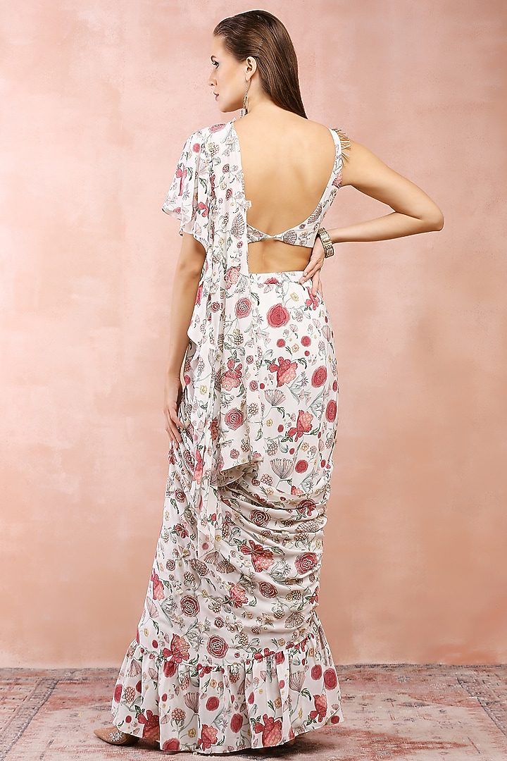 Off-White Crepe Printed Frilled Reception Saree Set by Payal Singhal at Pernia's Pop Up Shop