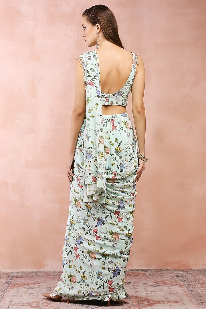 Mint Crepe Printed Pre-Stitched Wedding Saree Set by Payal Singhal at Pernia's Pop Up Shop