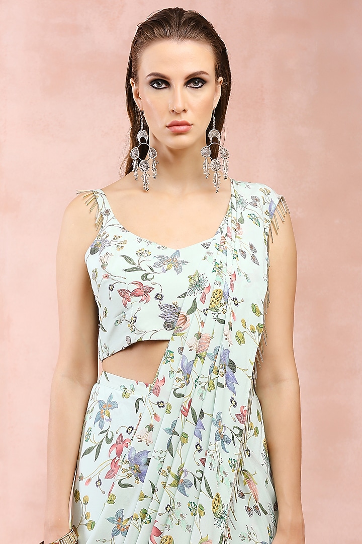 Mint Crepe Printed Pre-Stitched Wedding Saree Set by Payal Singhal at Pernia's Pop Up Shop