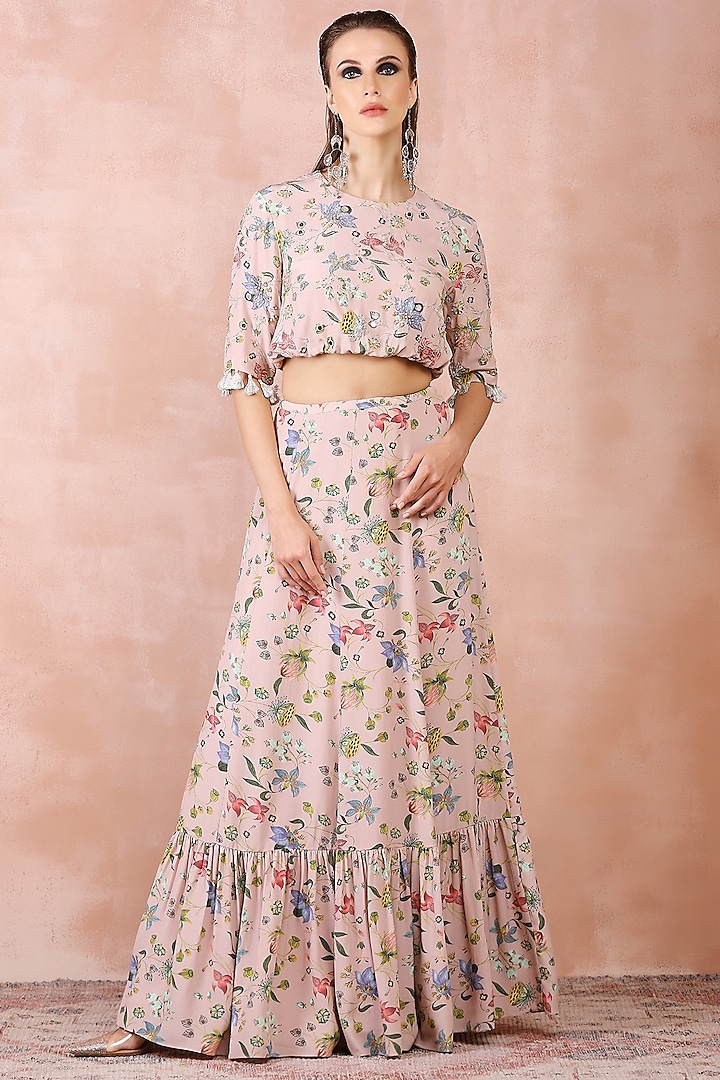 Rose Pink Crepe Printed Skirt Set by Payal Singhal at Pernia's Pop Up Shop