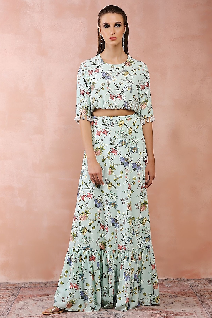 Mint Crepe Printed Skirt Set by Payal Singhal at Pernia's Pop Up Shop