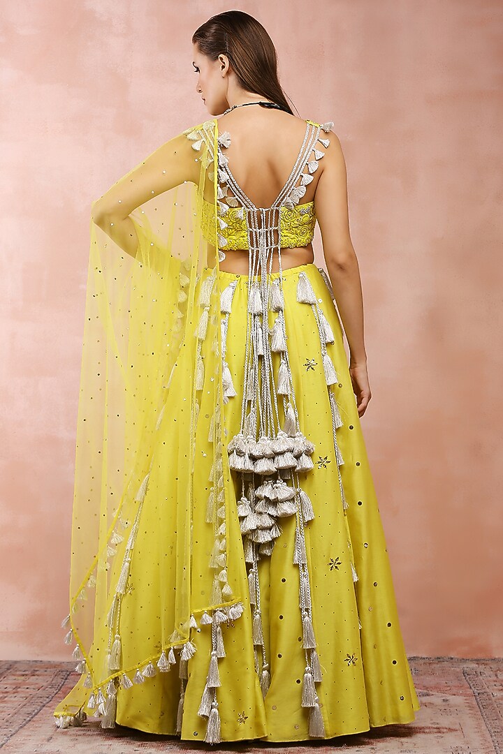 Yellow Mukaish Silk Mul Embroidered Wedding Lehenga Set by Payal Singhal at Pernia's Pop Up Shop