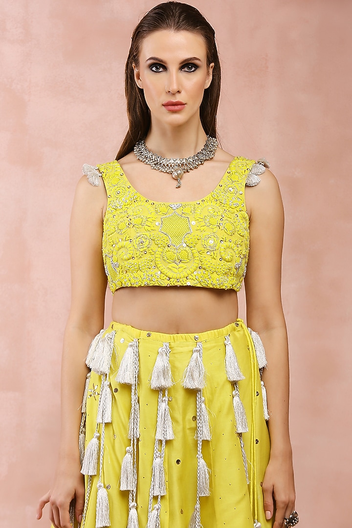 Yellow Mukaish Silk Mul Embroidered Wedding Lehenga Set by Payal Singhal at Pernia's Pop Up Shop