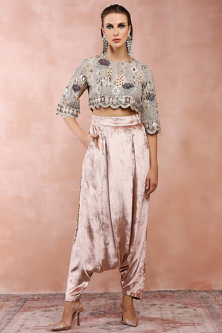 Rose Pink Georgette & Velvet Embroidered Co-Ord Set by Payal Singhal at Pernia's Pop Up Shop