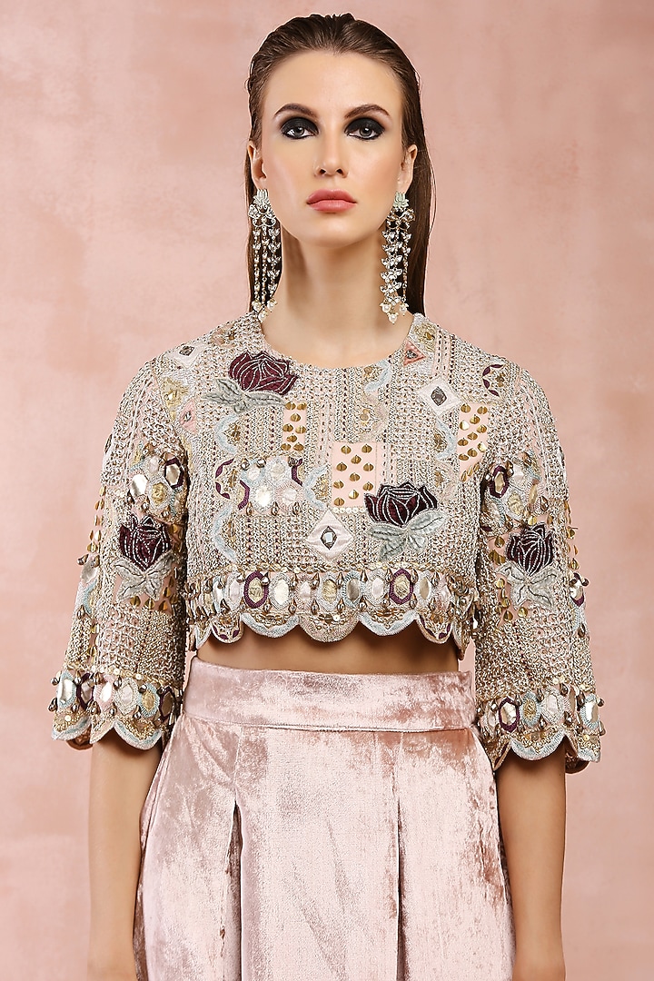 Rose Pink Georgette & Velvet Embroidered Co-Ord Set by Payal Singhal at Pernia's Pop Up Shop