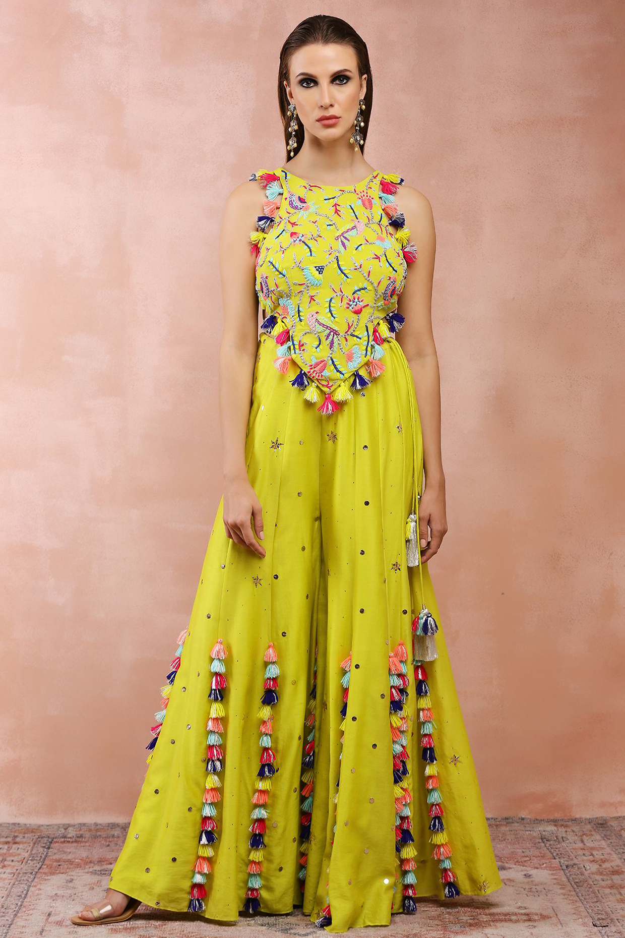 Lime Green Mukaish Silk Mul Embroidered Wedding Sharara Set by Payal Singhal at Pernia's Pop Up Shop