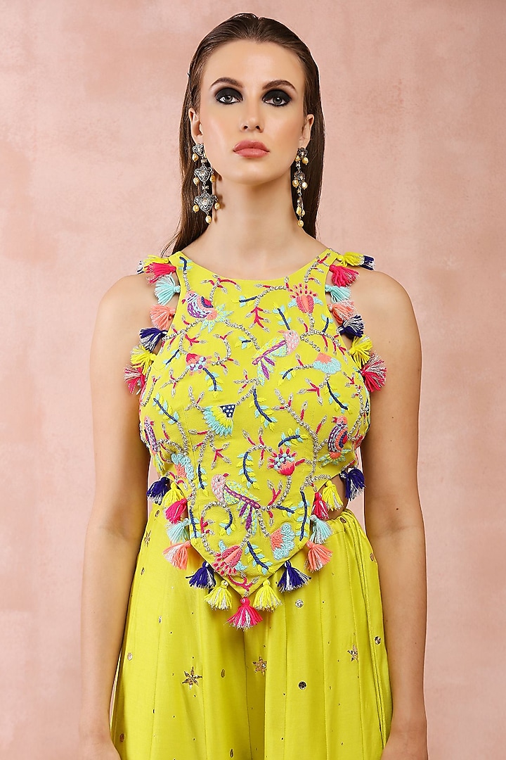 Lime Green Mukaish Silk Mul Embroidered Wedding Sharara Set by Payal Singhal at Pernia's Pop Up Shop