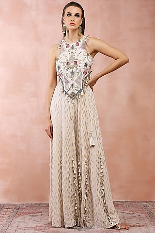 Off-White Dash Banarasi Georgette Sharara Set by Payal Singhal