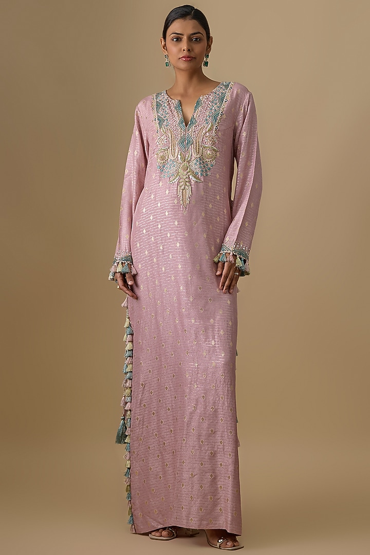 Lilac Dola Silk Thread Embroidered Long Kaftan by Payal Singhal at Pernia's Pop Up Shop