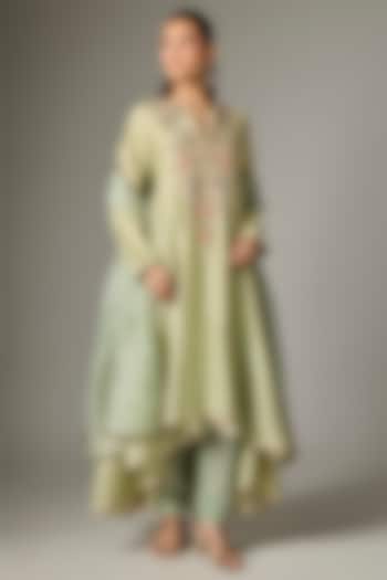 Mint Silk Mul Embroidered Kurta Set by Payal Singhal at Pernia's Pop Up Shop