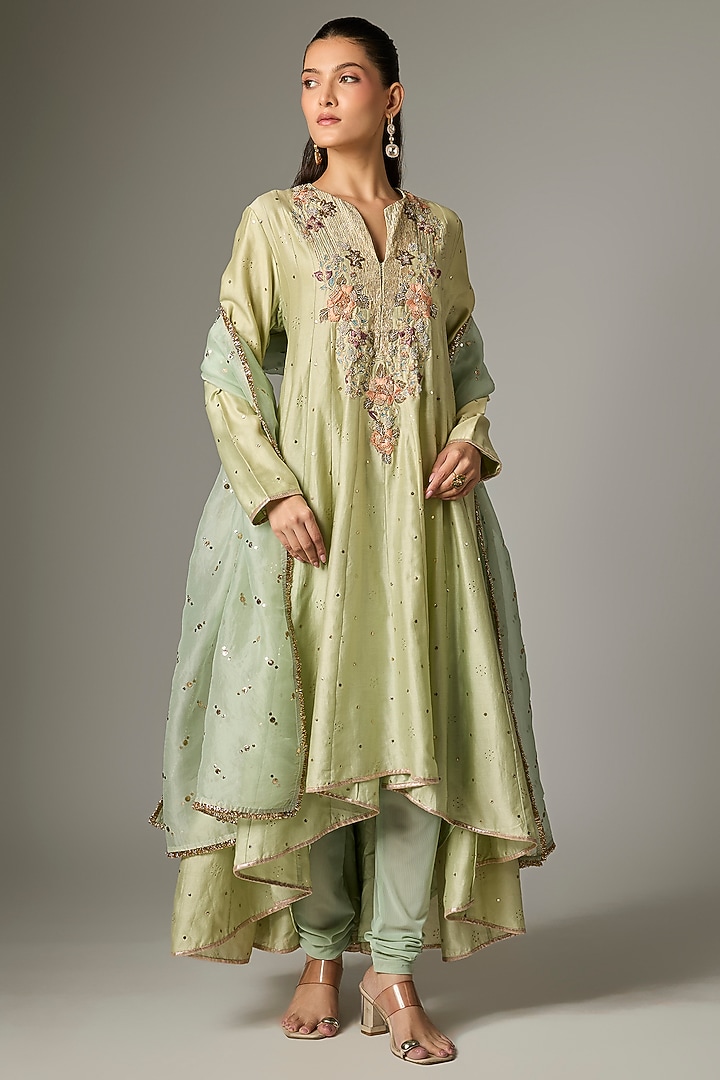 Mint Silk Mul Embroidered Kurta Set by Payal Singhal at Pernia's Pop Up Shop