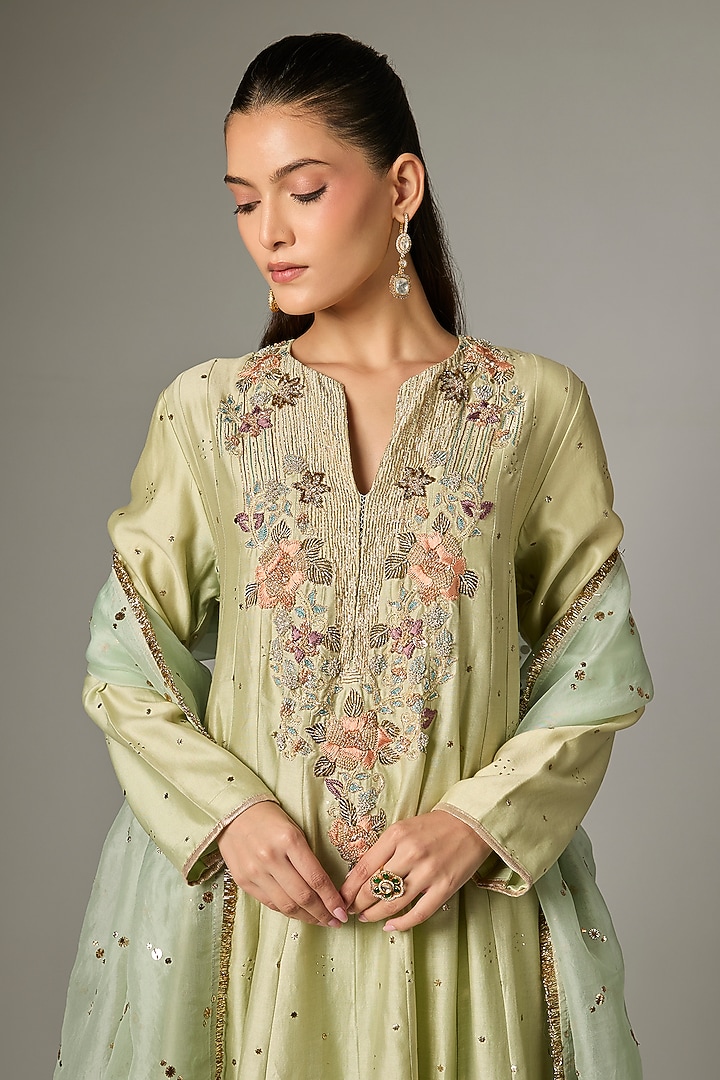 Mint Silk Mul Embroidered Kurta Set by Payal Singhal at Pernia's Pop Up Shop