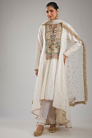 Off-White Silkmul & Net Mukaish Embroidered High-Low Anarkali Set by Payal Singhal