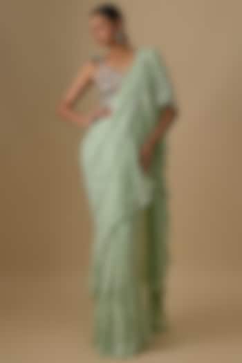 Mint Green Mukaish Georgette Frilled Reception Saree Set by Payal Singhal at Pernia's Pop Up Shop