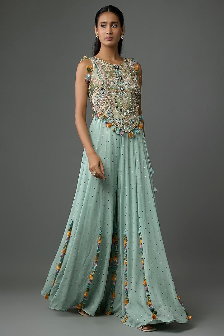 Seafoam Mukaish Georgette Wedding Sharara Set by Payal Singhal at Pernia's Pop Up Shop
