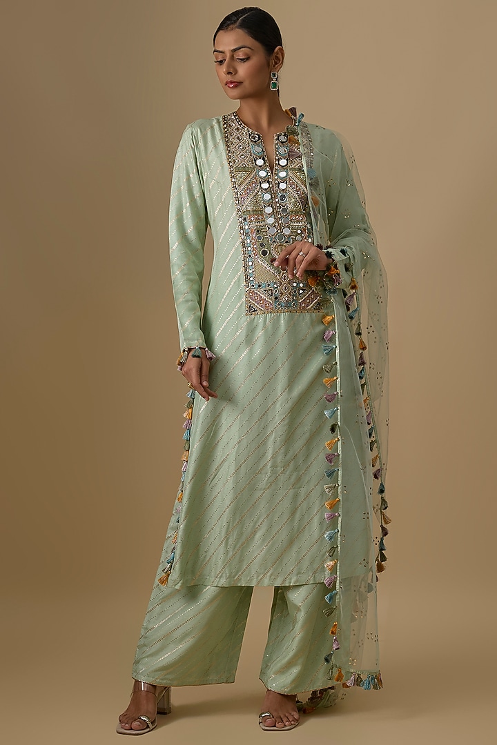 Mint Green Dola Silk Embroidered Kurta Set by Payal Singhal at Pernia's Pop Up Shop