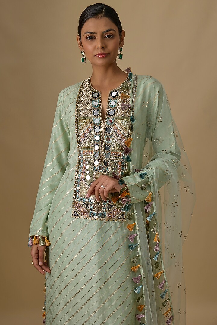 Mint Green Dola Silk Embroidered Kurta Set by Payal Singhal at Pernia's Pop Up Shop