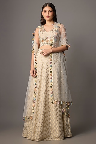 Off-White Pure Georgette Embroidered Lehenga Set by Payal Singhal