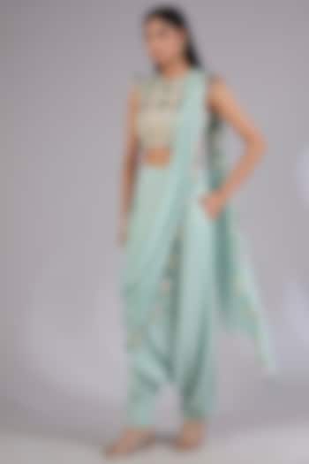 Seafoam Colored Mukaish Georgette Draped Pant Wedding Saree Set by Payal Singhal at Pernia's Pop Up Shop