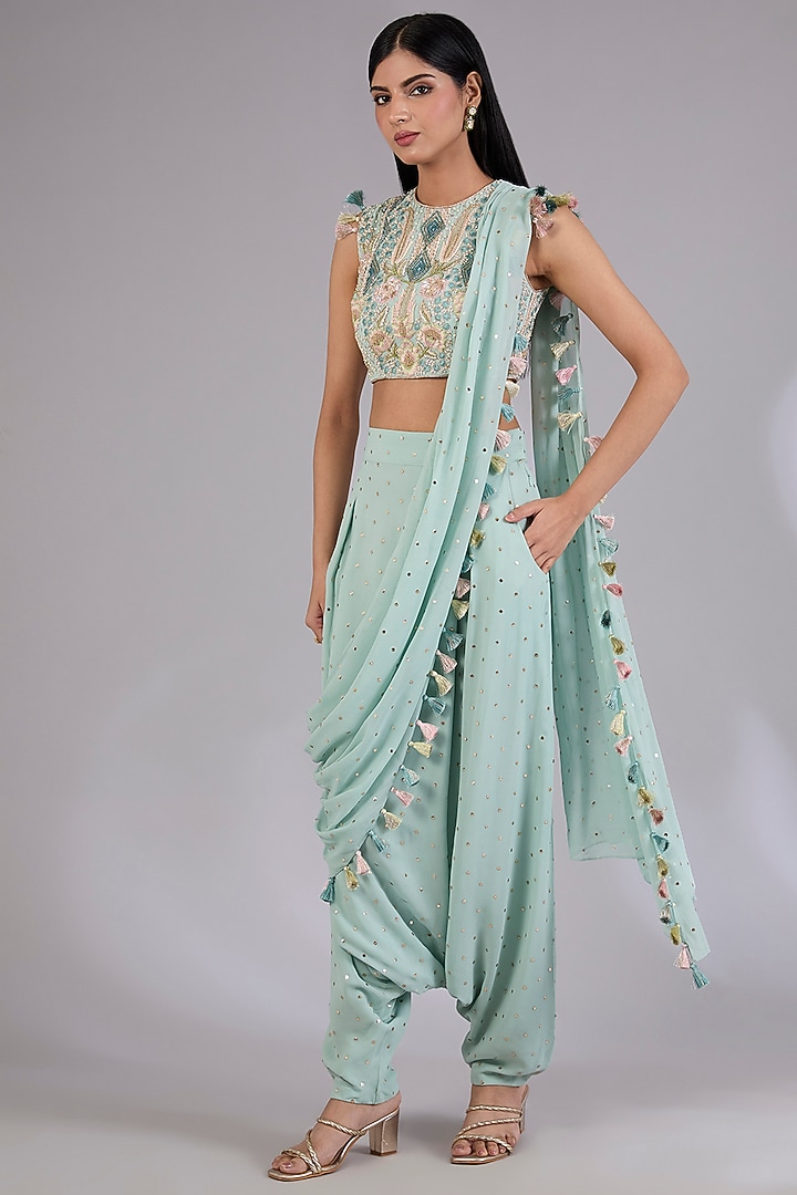 Seafoam Colored Mukaish Georgette Draped Pant Wedding Saree Set by Payal Singhal at Pernia's Pop Up Shop