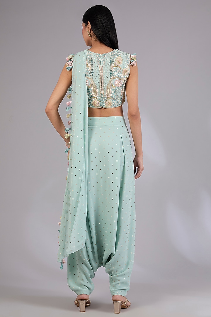 Seafoam Colored Mukaish Georgette Draped Pant Wedding Saree Set by Payal Singhal at Pernia's Pop Up Shop