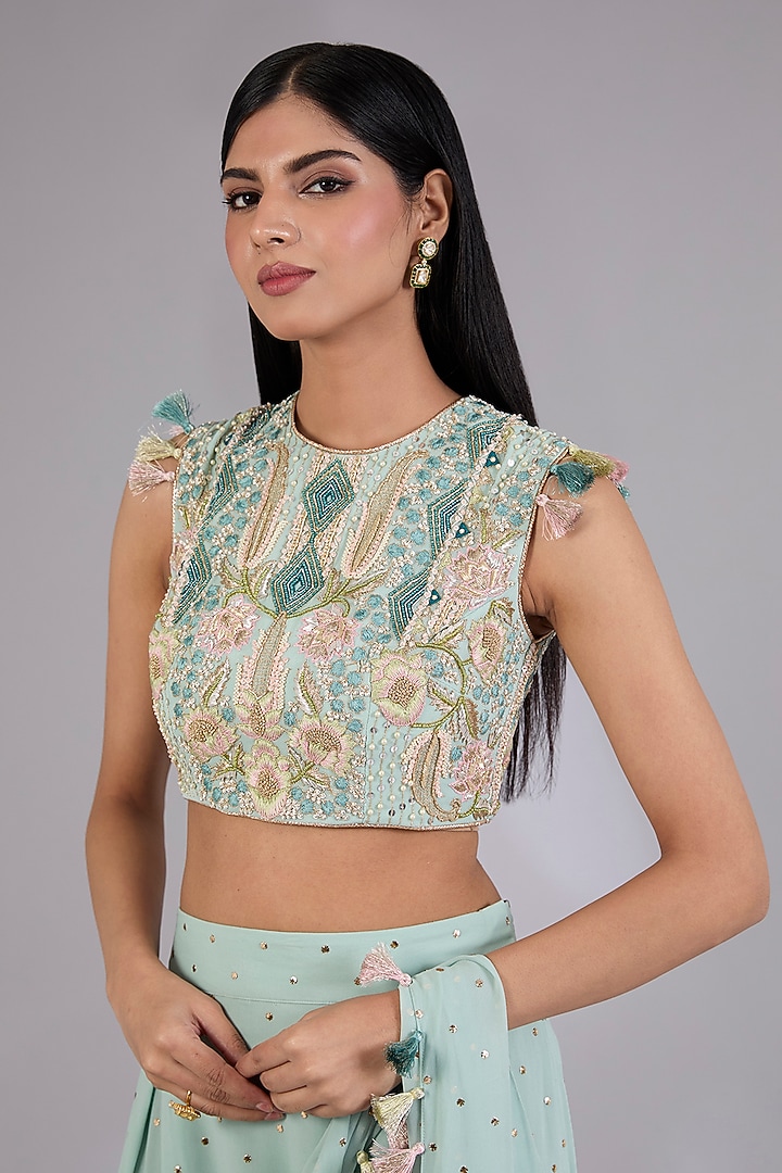 Seafoam Colored Mukaish Georgette Draped Pant Wedding Saree Set by Payal Singhal at Pernia's Pop Up Shop