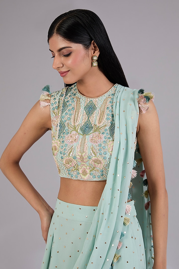 Seafoam Colored Mukaish Georgette Draped Pant Wedding Saree Set by Payal Singhal at Pernia's Pop Up Shop