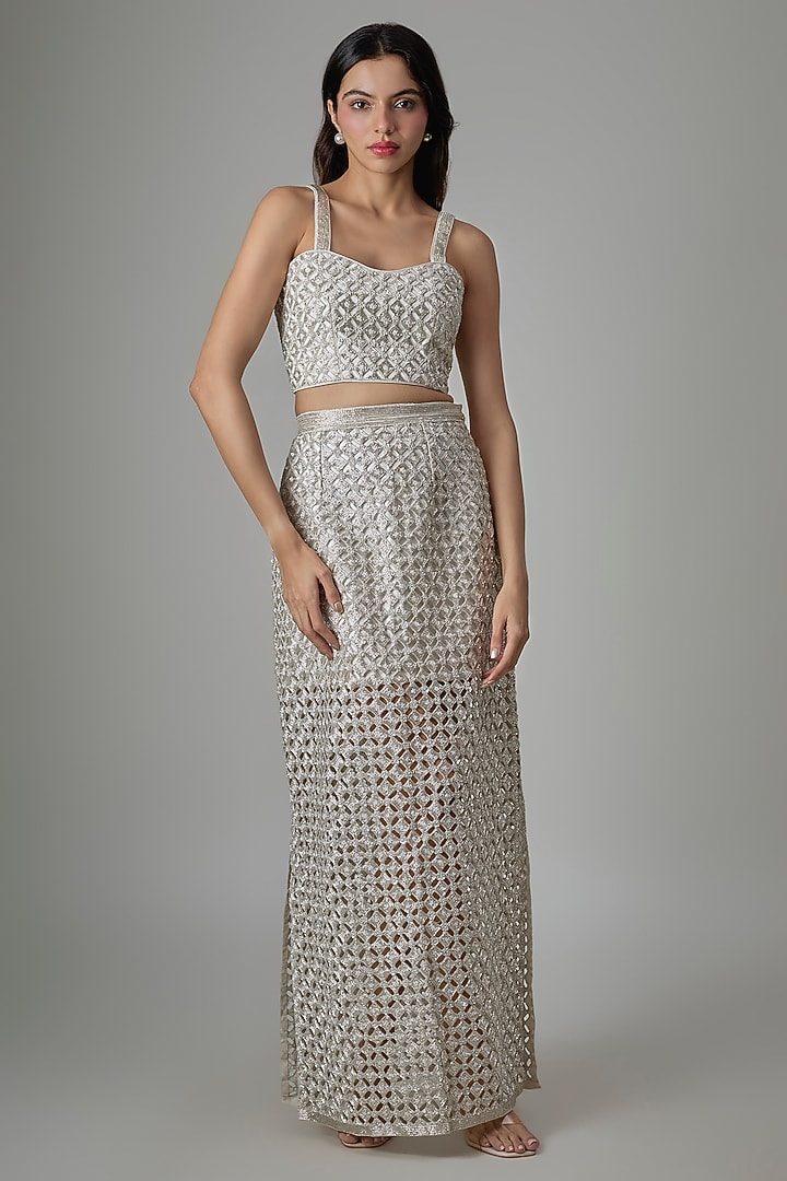 Off-White Georgette Straight Skirt Set by Payal Singhal at Pernia's Pop Up Shop