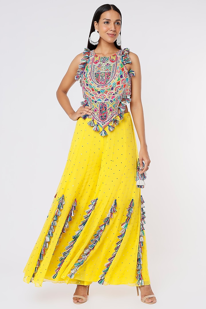 Yellow Georgette Wedding Sharara Set by Payal Singhal at Pernia's Pop Up Shop