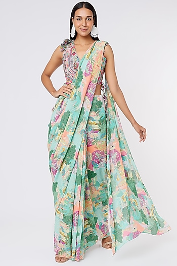 Multi-Colored Georgette Animal Printed Wedding Saree Set by Payal Singhal at Pernia's Pop Up Shop