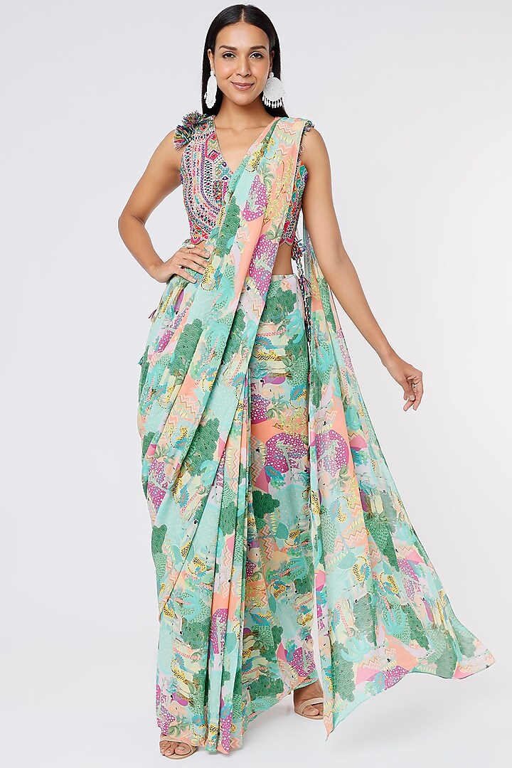 Multi-Colored Printed Saree Set by Payal Singhal