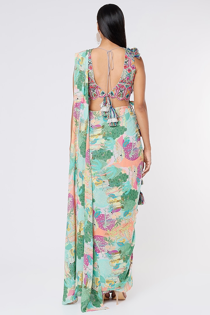 Multi-Colored Georgette Animal Printed Wedding Saree Set by Payal Singhal at Pernia's Pop Up Shop