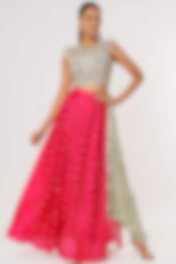 Mint Low-Crotch Pant Set With Attached Fuchsia Skirt by Payal Singhal