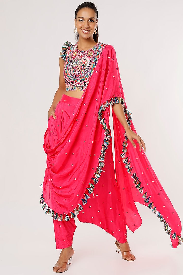 Hot Pink Mukaish Silk Pant Saree Set by Payal Singhal