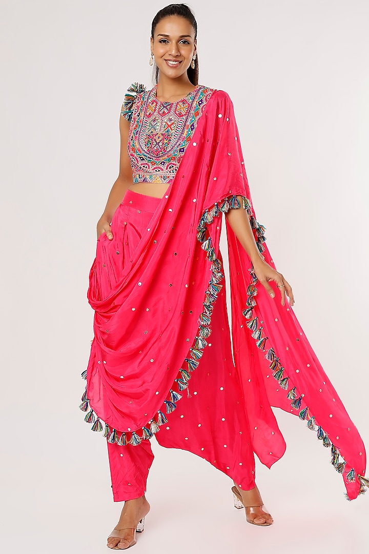 Hot Pink Mukaish Silk Pant Wedding Saree Set by Payal Singhal at Pernia's Pop Up Shop