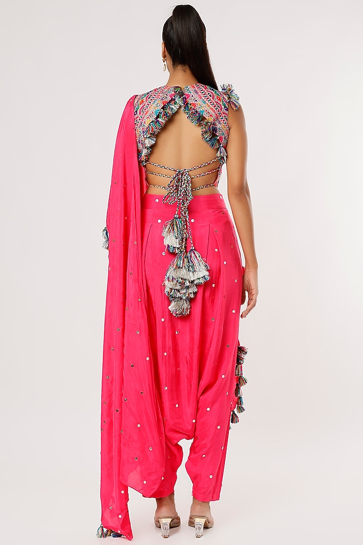 Hot Pink Mukaish Silk Pant Wedding Saree Set by Payal Singhal at Pernia's Pop Up Shop