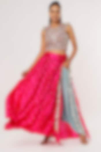 Periwinkle Blue Low-Crotch Pant Set With Attached Fuchsia Skirt by Payal Singhal