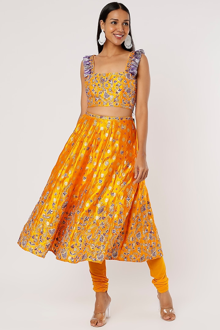 Mustard Silk Embroidered Skirt Set by Payal Singhal at Pernia's Pop Up Shop