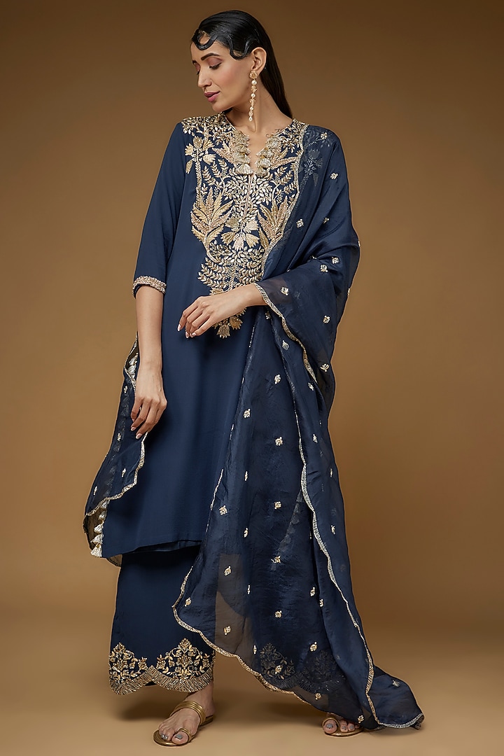 Navy Blue Georgette Embroidered Kurta Set by Payal Singhal at Pernia's Pop Up Shop