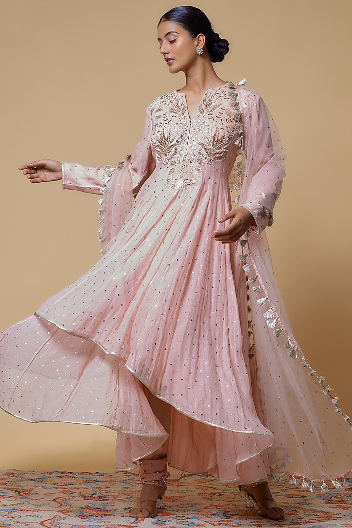 Blush Pink Mukaish Silk Mulmul Embroidered Anarkali Set by Payal Singhal