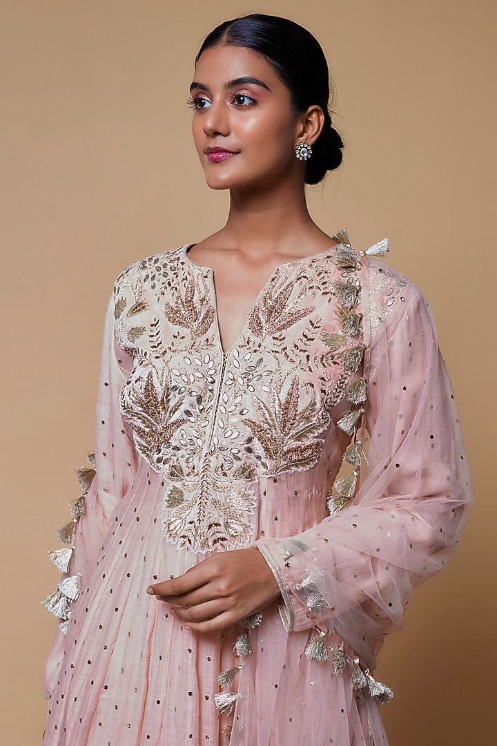 Blush Pink Mukaish Silk Mulmul Embroidered Wedding Anarkali Set by Payal Singhal at Pernia's Pop Up Shop
