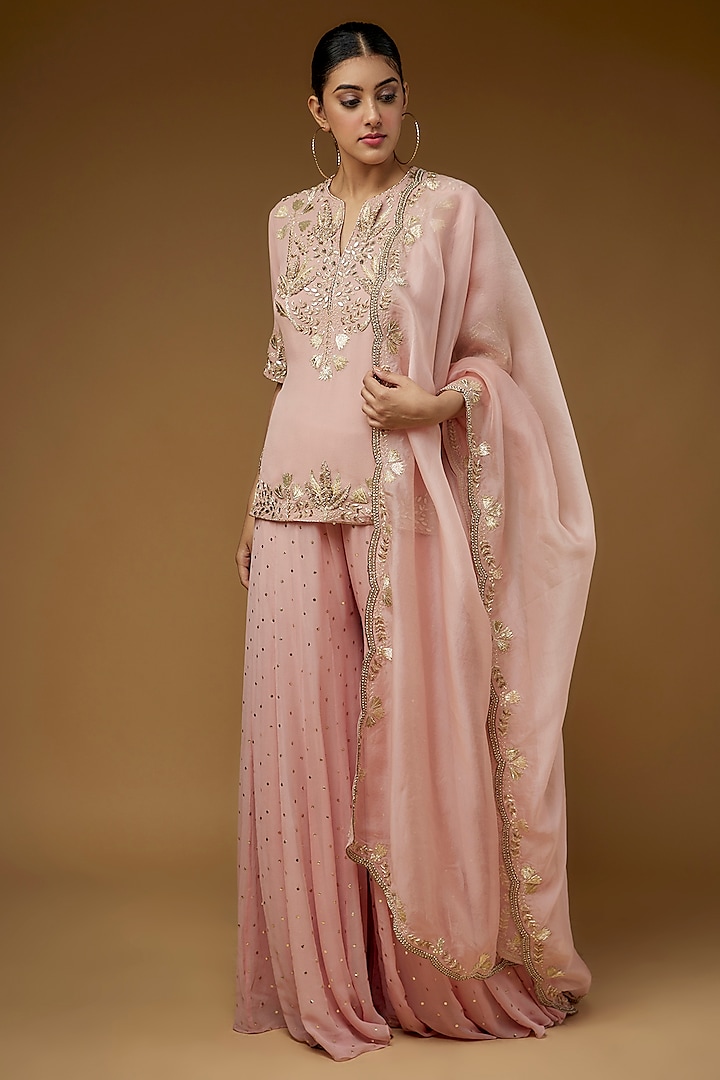 Rose Pink Mukaish Georgette Bridal Sharara Set by Payal Singhal at Pernia's Pop Up Shop